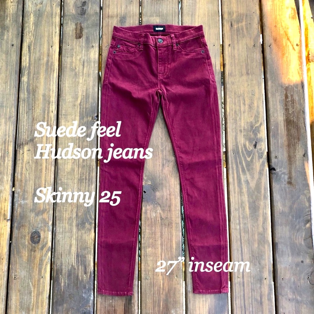 Hudson super skinny 27” inseam plum mid rise burgundy wine suede-soft new 25”